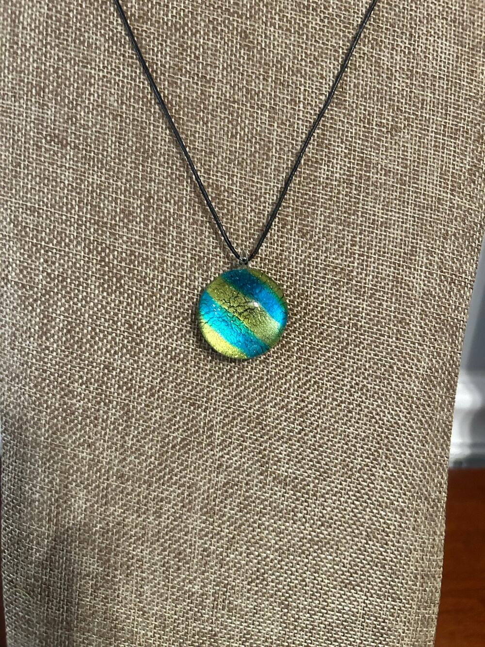 Artisan Handcrafted Lampwork Glass Round Droplet Pendant Necklace Blue Gold 16"